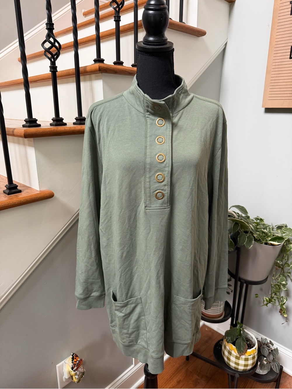 Relaxed Sage Green Button-Front Tunic Top